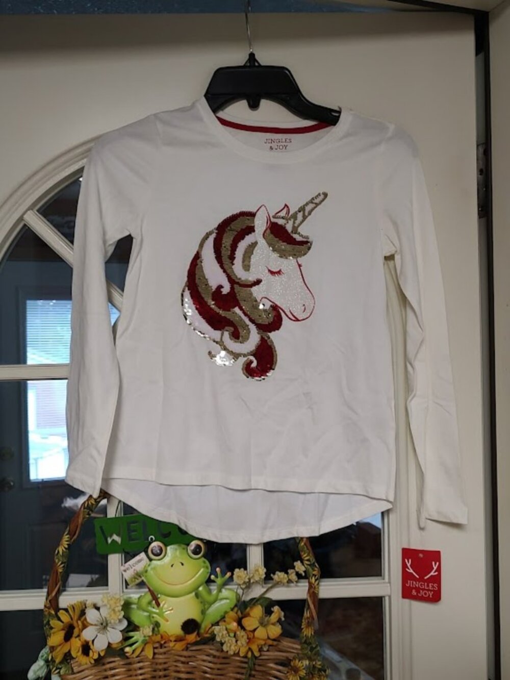 New Jingles & Joy White Holiday Sequin Unicorn Long Sleeve Shirt Girl's 10/12